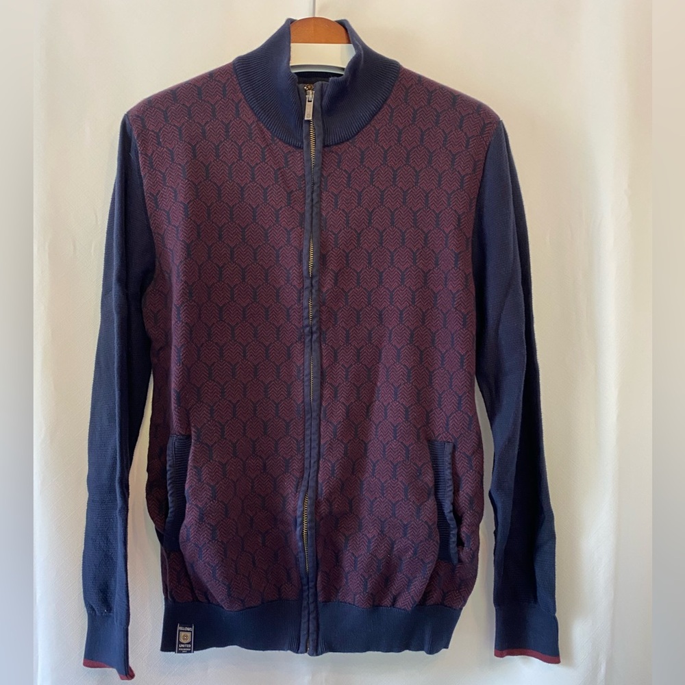 Mens Preppy Academia Blokecore Burgundy Patterned Full Zip Knit Cardigan Slim LG